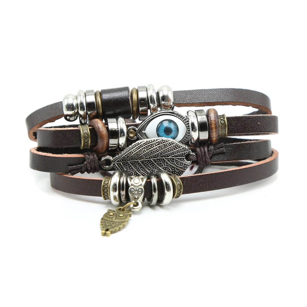

Vintage brown leather bracelet ready to ship eye leaf charm Men's bracelet