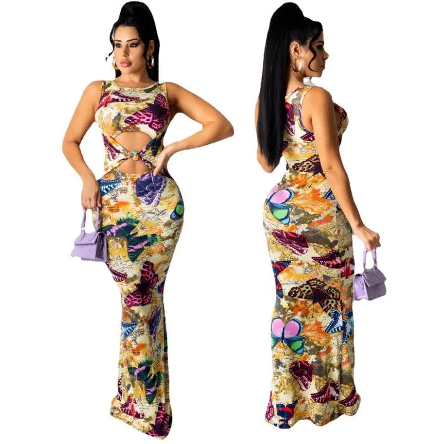 

B34244A Africa print dress women summer casual sleeveless maxi dress
