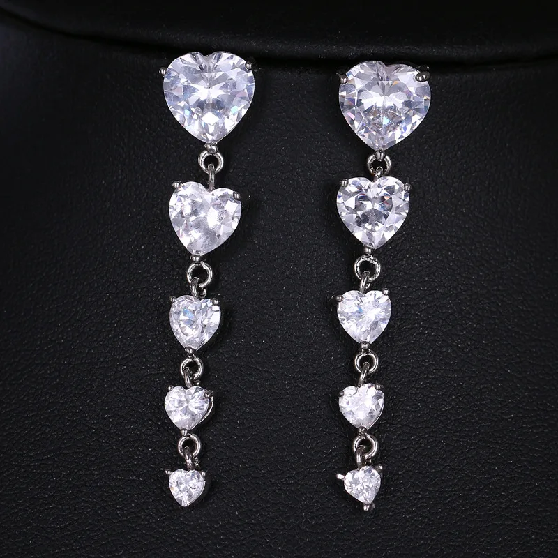 

Gifts luxury champagne/white/pink/purple/colorful zircon heart shape long crystal earrings jewelry girls wedding accessories