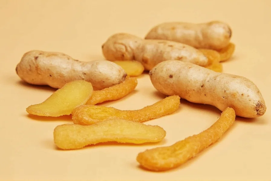 Close-up of natural ginger chews on wooden table with fresh ginger root