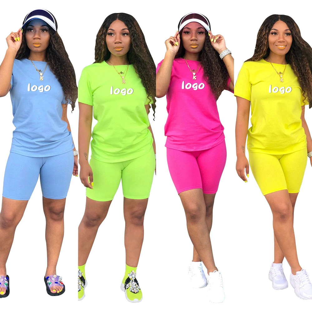 

2021 Tracksuit Women 2 Piece Outfits Festival Clothing Short Sleeve Top and Biker Shorts Sweat Suits Two Piece Set, Picture