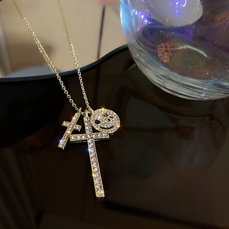

fashion crystal smile face cross pendant necklaces women