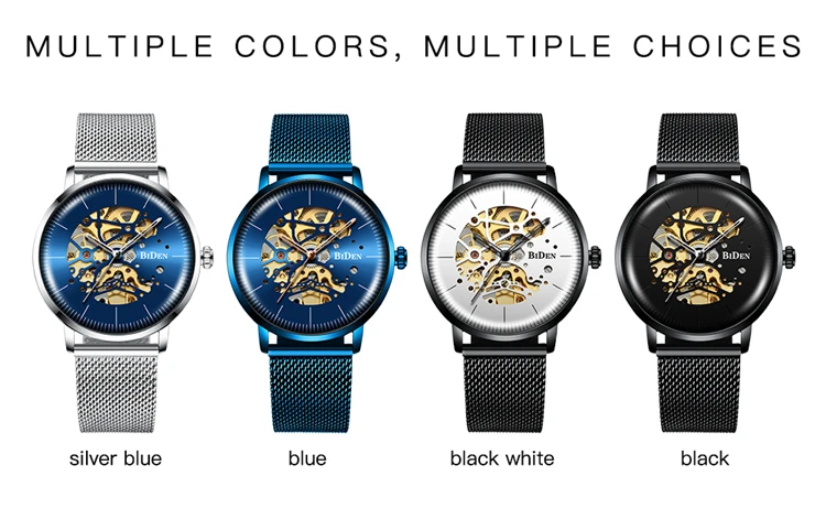 BIDEN 0052 Luxury Blue Mens Mechanical Watch 2025 Mesh Strap Hollow Dials Decoration Vintage Skeleton Automatic Wrist Watch