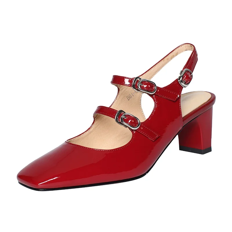 

Universe M063 New Arrivals 2021 High Heels Genuine Patent Leather Square Toe Slingbacks Buckle Strap Red Women Pumps Shoes, Black/beige/red
