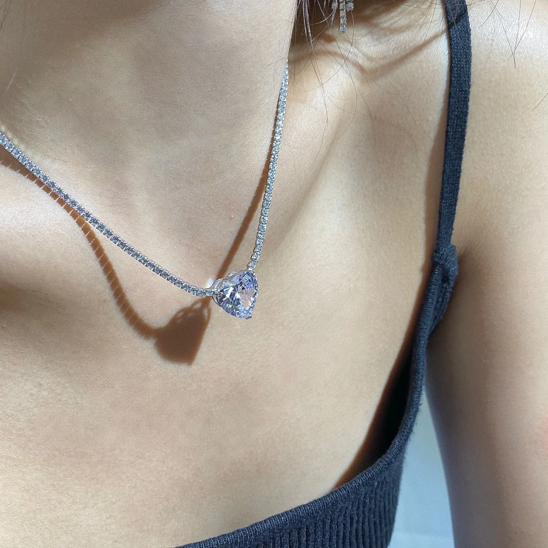 

Dylam bling hypoallergenic tennis cz chain 925 sterling silver necklace pendent heart necklace luxury chunky necklace