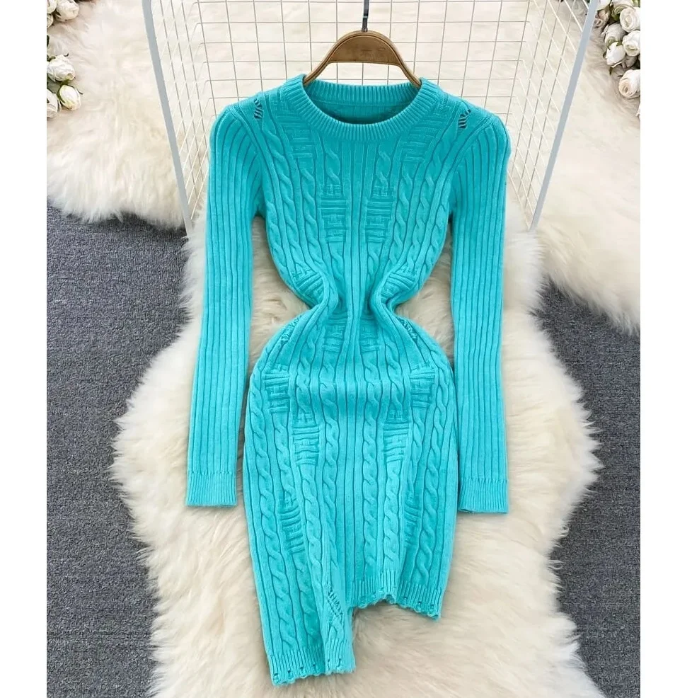 

Wholesale New Product High Quality Woman Fall Winter Long Sleeve Knit Bodycon Wrap Casual Dress 2024