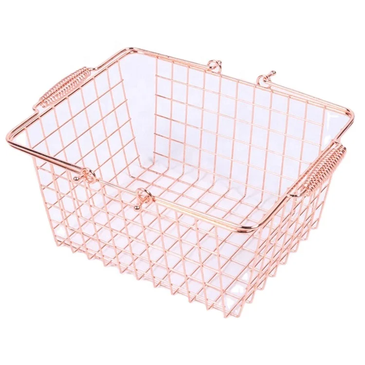 

Wholesale Shopping Rose Gold Metal Household Sundries Storage Baskets Cosmetics Storage Wire Mesh Basket