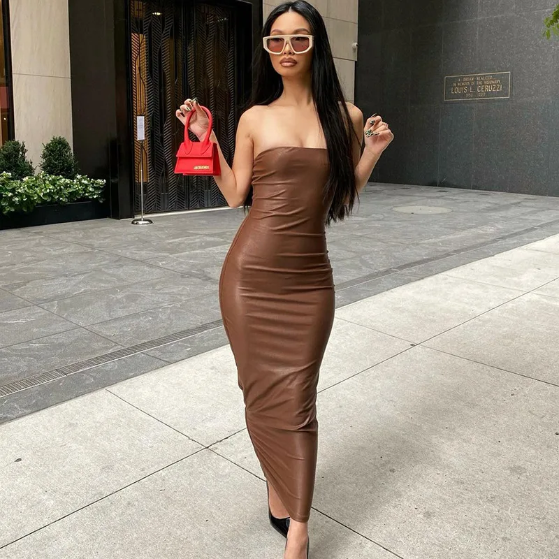 

Pu Faux Leather Women Solid Tube Midi Dresses Back Slit Bodycon Sexy Streetwear Party Clubwear Elegant 2021 Autumn Winter