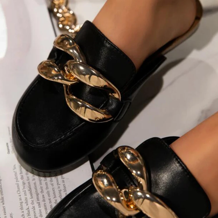 

2021 New Shoes Design Chain Half Slippers Women's Outer Wear Flat Slippers womens cute sandals womens fashion sandals, Black