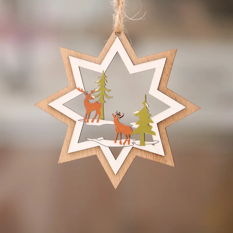2D 3D Christmas Ornament Wooden Hanging Pendants Star Xmas Tree Bell Christmas Decorations For Home Party New Year