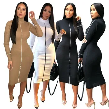 

High Collar Long Sleeve Midi Dress White Green Black Khaki Gray Pink High Quality Bodycon Night Party Fashion Dress