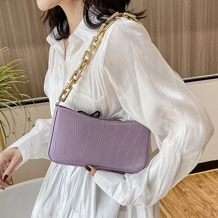 

2020 French underarm bag retro crocodile pattern handbag chain female bag, White,purple,green,black