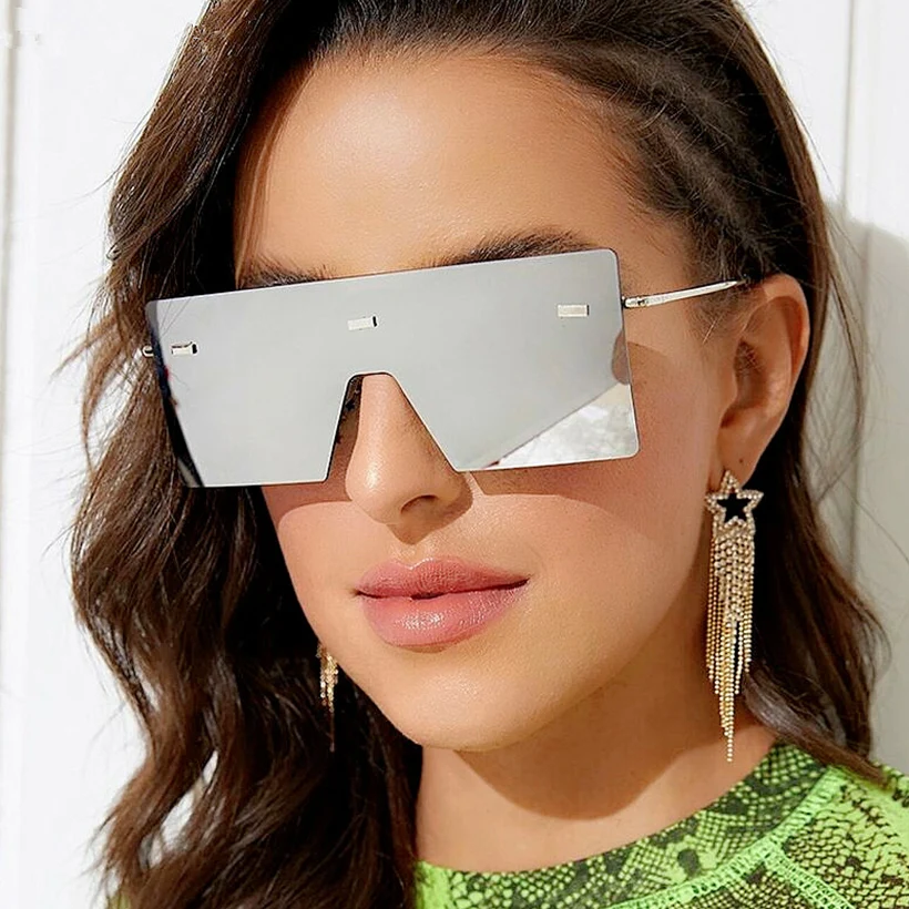 

OUSEN cheap 2021 private label designer one piece oversize rectangle lenses rimless metal sunglasses