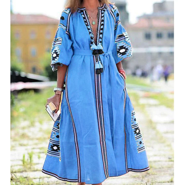 

Cross-border A-line Big Swing Dress Digital Print Female Trendy Street 2021 Plus Size Loose Bohemian Dress, Yellow, red, green, light blue