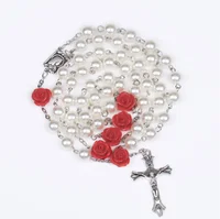 

2019 Hot sell Rosary 6mm plastic pearl with rose flower beads Jesus Cross Christ Maria stock necklace for pray