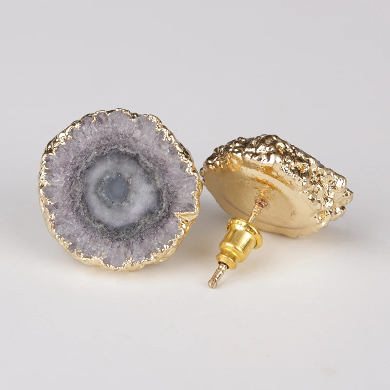 

RENGUIPJQ-I001 natural stone raw solar boho studs earring jewelry quartz crystal geode prong women studs earrings, 12 colors