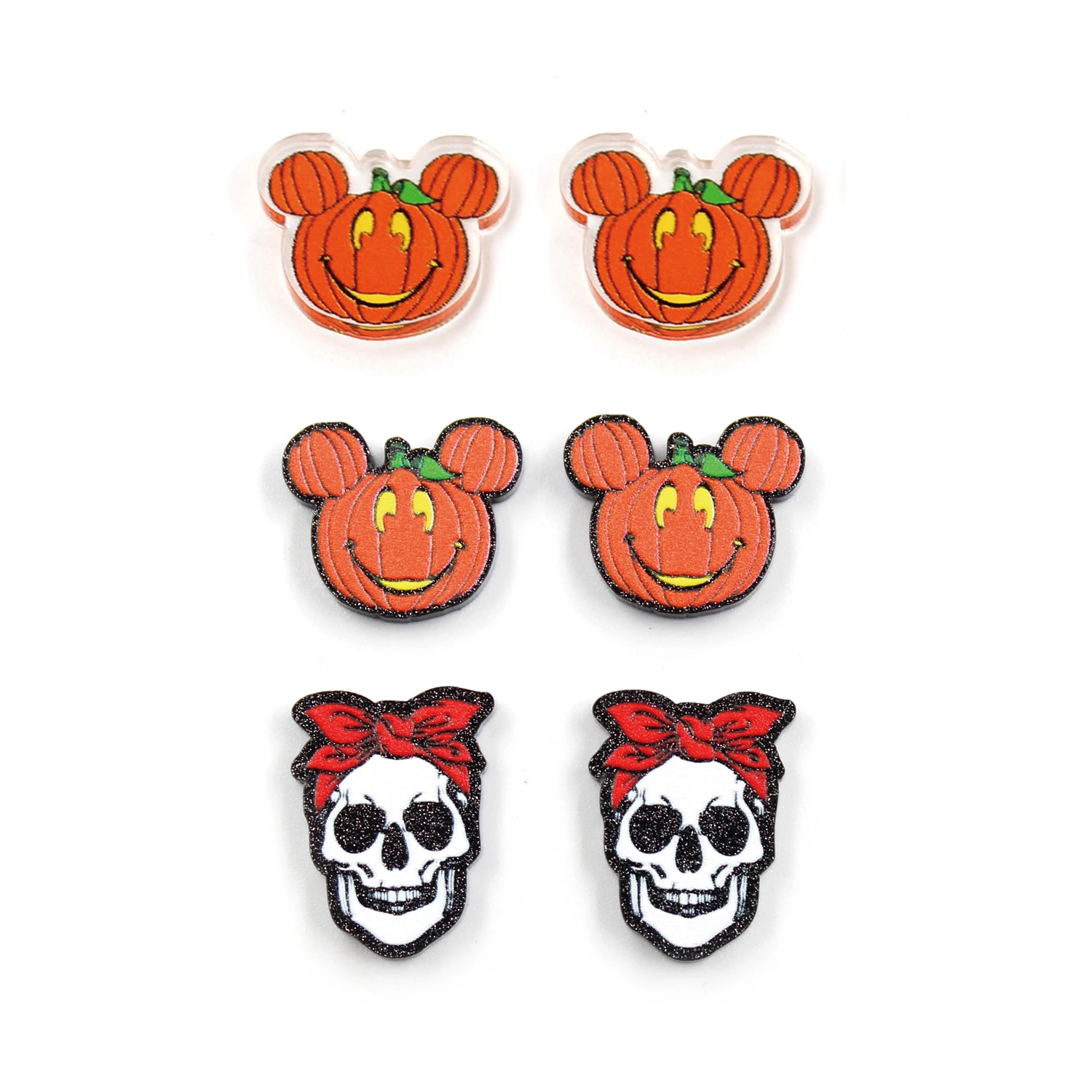 

(set of 10) Halloween For Stud Earrings (Flat back) Glitter Witch Hat Pumpkin Skull Ghost For Acrylic Jewelry Accessories, Glitter color (only one face with glitter color)