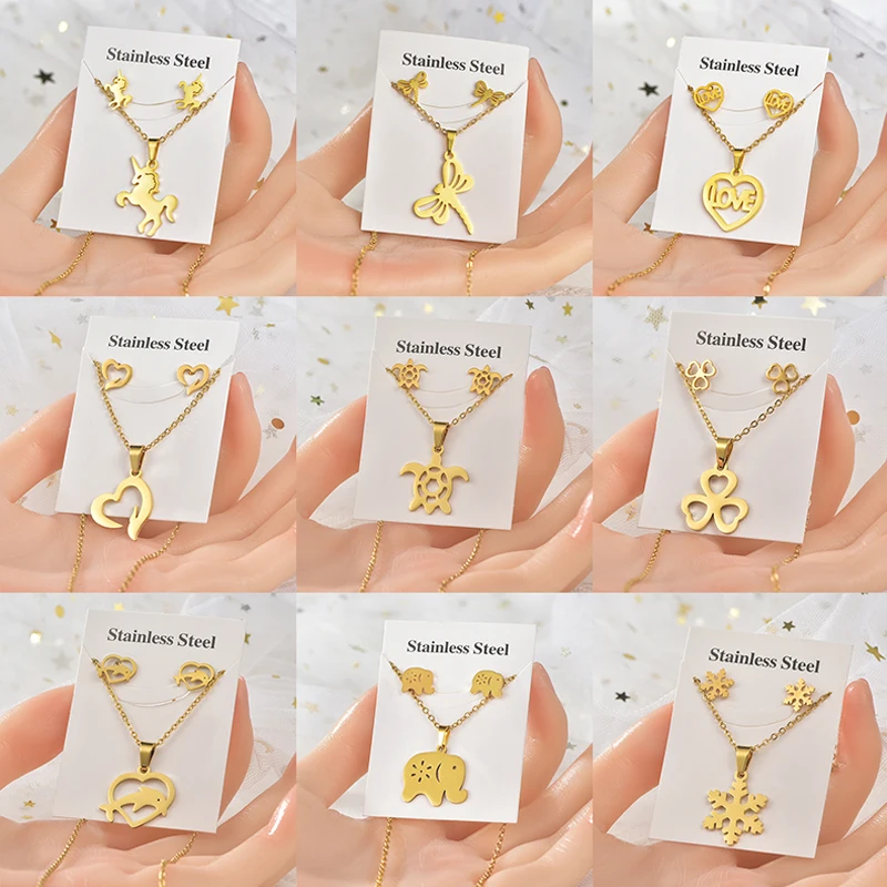

New Fashion Gold 316L Stainless Steel Animal Snowflake Flower Lover Necklace Earrings Jewelry Set Clavicle Chain For Women