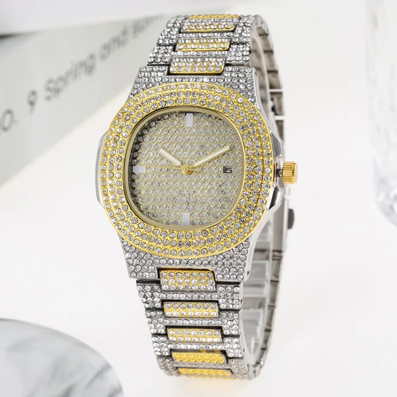 

Wholesale Slim Stainless Steel Shiny Crystal Rhinestone Quartz Watch Wrist Brand Slim Hip Hops Iced Out Watches For Men Women, Silver /gold/ rose gold