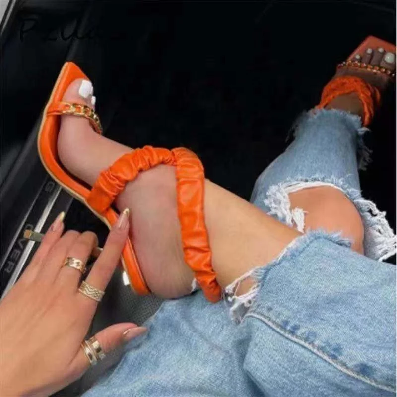 

Women High Heels Female Square Slides Fashion Summer Lady Party Sandals Metal Woman Pumps Slippers Ladies Heel Sandals 2021, Black,pink,orange,beige-white