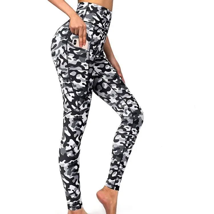 

2021 Amazon Hot Selling Black Women Wearing Yoga Pants High Waist Camouflage Leopard Print Pockets Yoga Slimfit Fitness Pants