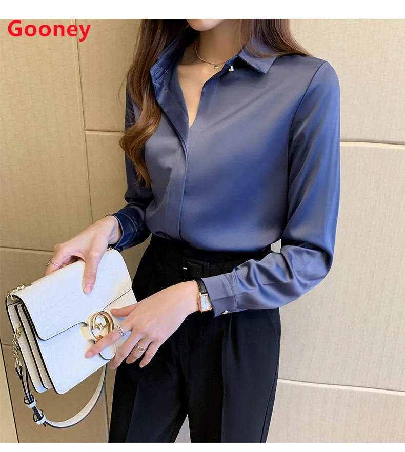 

2021 hot sale office slim fit women's blouses elegant formal pure color turndown collar long sleeve button down shirts for women, Customized color