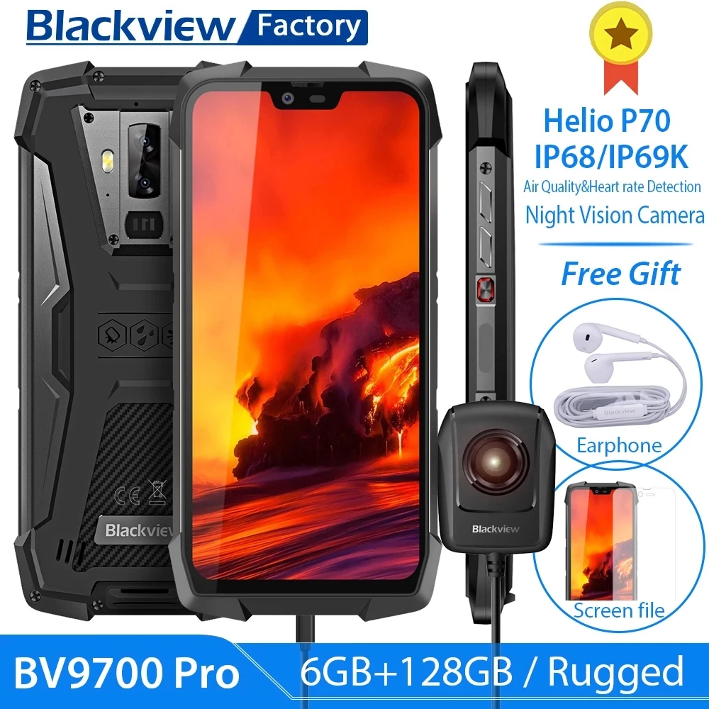 

Blackview BV9700 Pro IP68 5.84 Inch MobilePhone Helio P70 Octa Core 6GB+128GB Android 9.0 16MP+24MP Night Vision FHD+ Smartphone, Gray