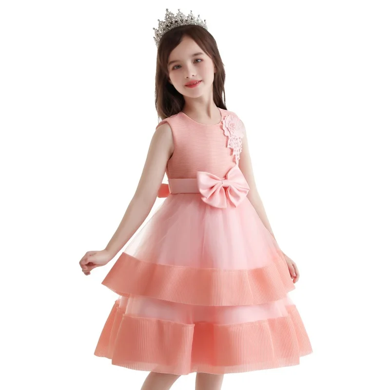 

2021 New Trend girl gown Sleeveless Crew Neck Classy Kids Embroidered pink Lace Dress For Girls Princess