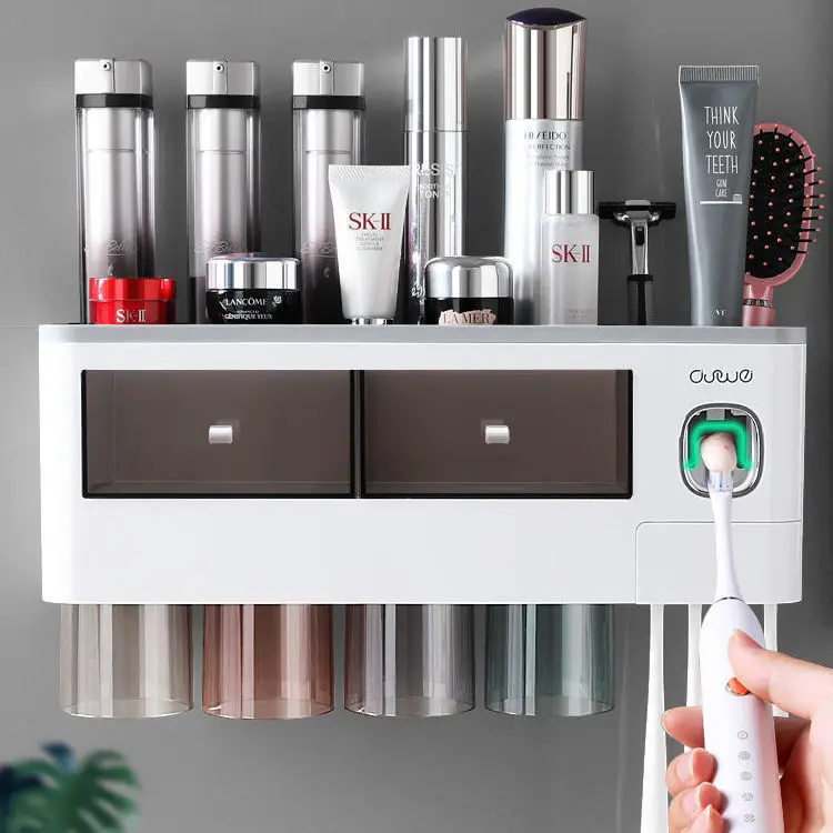 

New 2022 multi functional suction cup plastic toothbrush holder wall mounted set, Transparent black, transparent gray