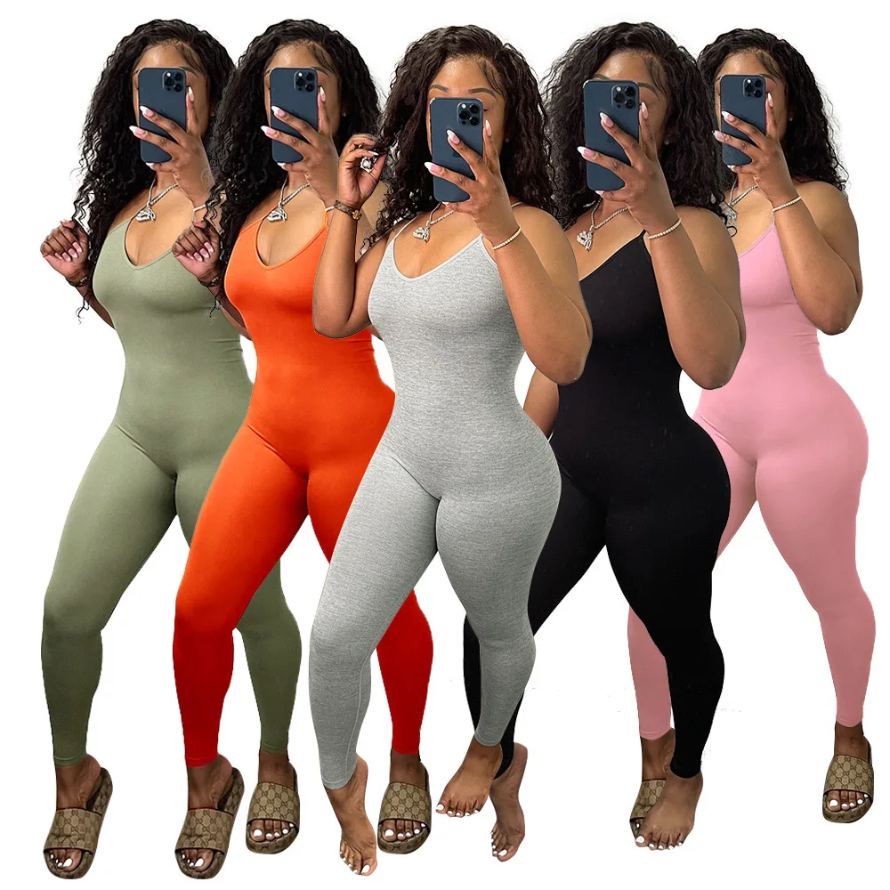 

2021 Summer Ladies Jump Suits Ladies Casual Solid Color Stacked Jump Suit Women One Piece Jumpsuits And Rompers, Black, pink, orange, gray, light green