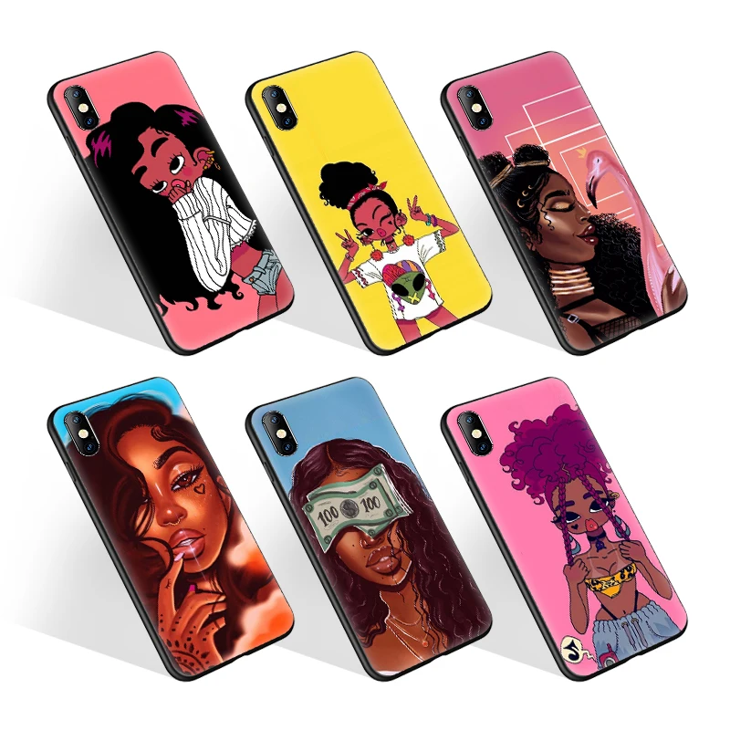 

UV Printing Afro Cute Black Girl Soft TPU Phone Case for iPhone 12 7 8 11Pro Max Many Brand Phone Casing