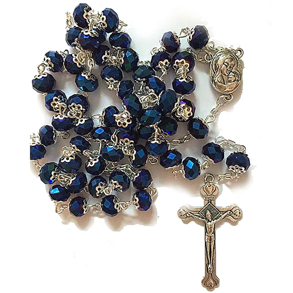 

Fashion Popular Gift Royal Blue Glass Crystal Prayer Beads Christianity Maria Jewelry Rosary Cross Bead Necklace