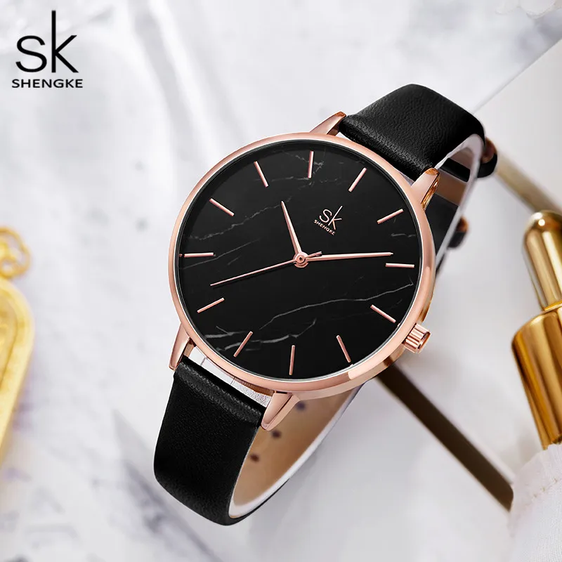 

SHENGKE Elegant Ladies Watch Soft Leather Band Steel Milanese Mesh Band Marbling Dial Quartz Watches K0137L Reloj Para Mujer