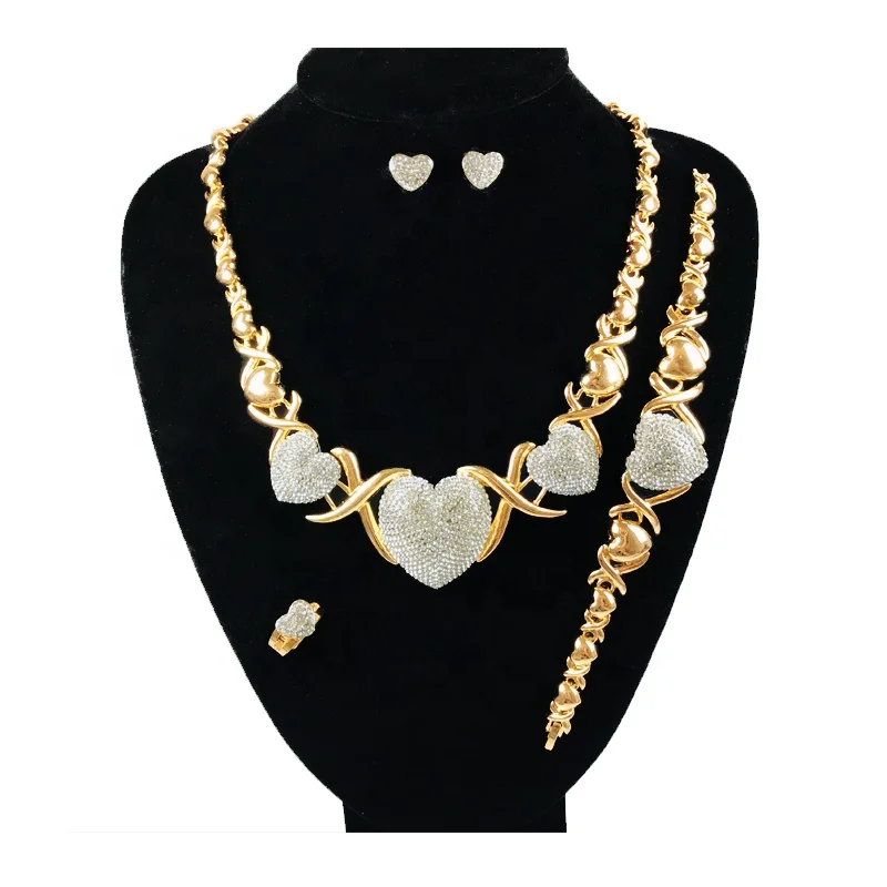 

Big Heart Shaped Best Selling African Jewelry Set 18K Gold Plated Rhinestone High Quality XOXO Necklace Jewelry Sets For Women