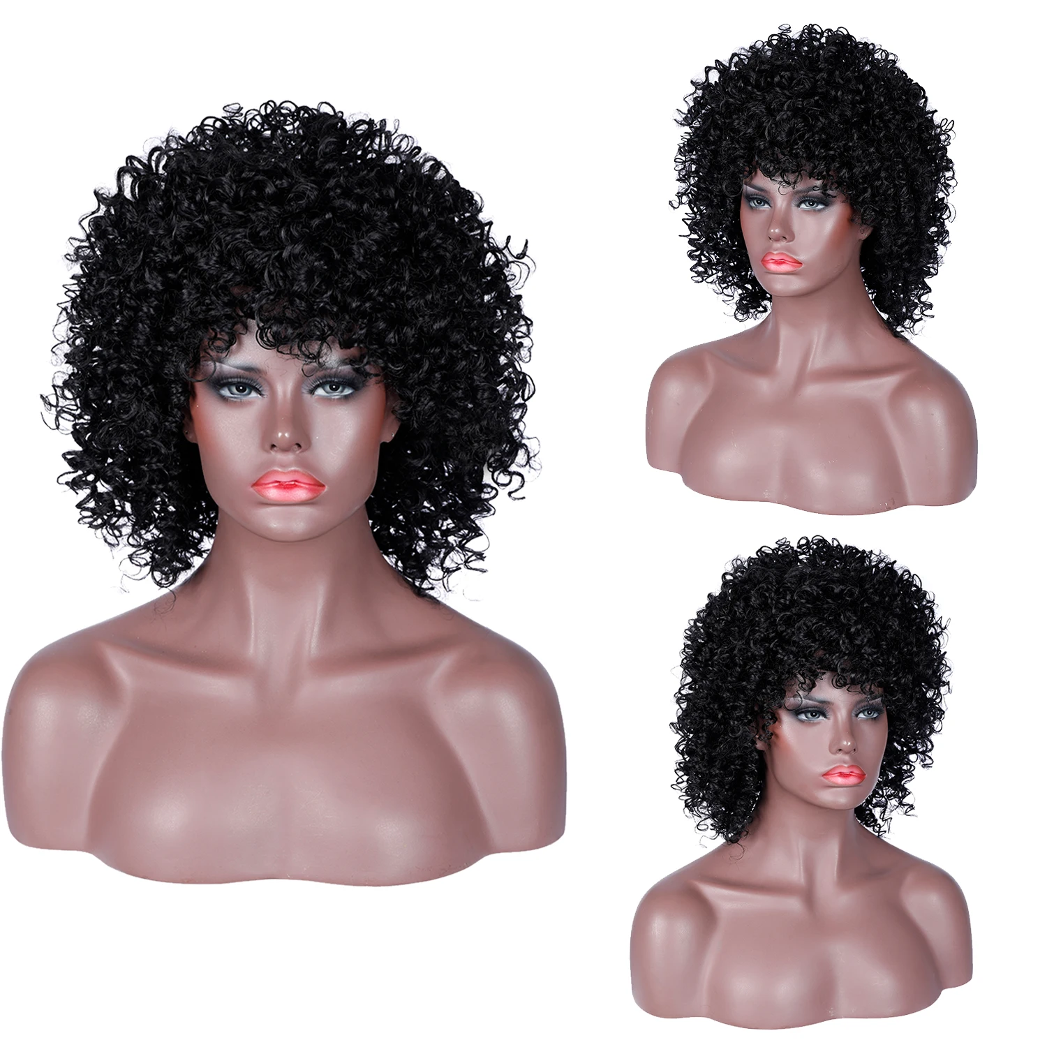 

Factory Outlet African Lady With Black Short Curly Hair Cheap Synthetic Afro Wig Short Handwoven Synthetic Wigs