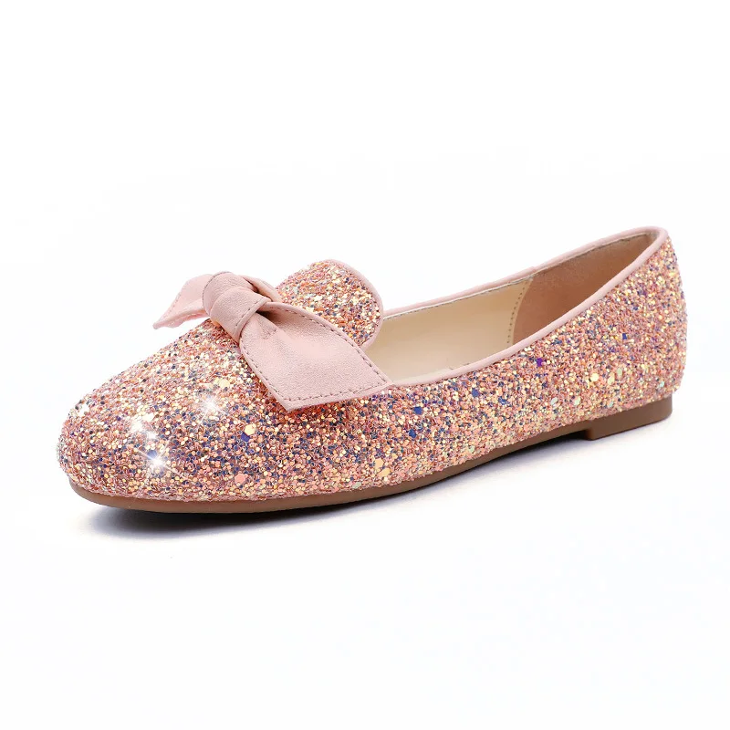 

Springway Retro sequined bowtie single shoes deep mouth Korean version big girl princess shoes, White, black, pink