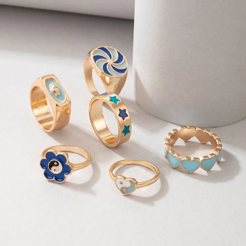 

6 Pieces Set INS Fashion Blue Color Y2K Enamel Ring Geometric Love Heart Flower Yin Yang Rings Set 2021 New Jewelry