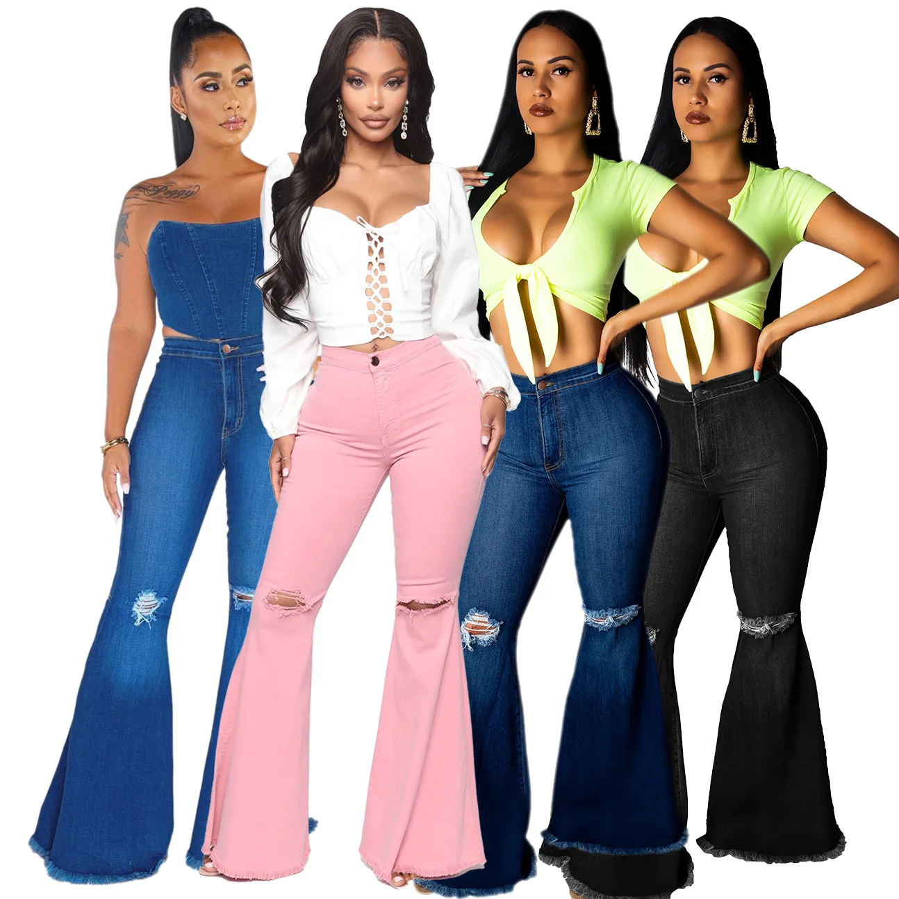 

2020 Whlosale pantalones stretch women ripped pants plus size bell bottom jeans for ladies