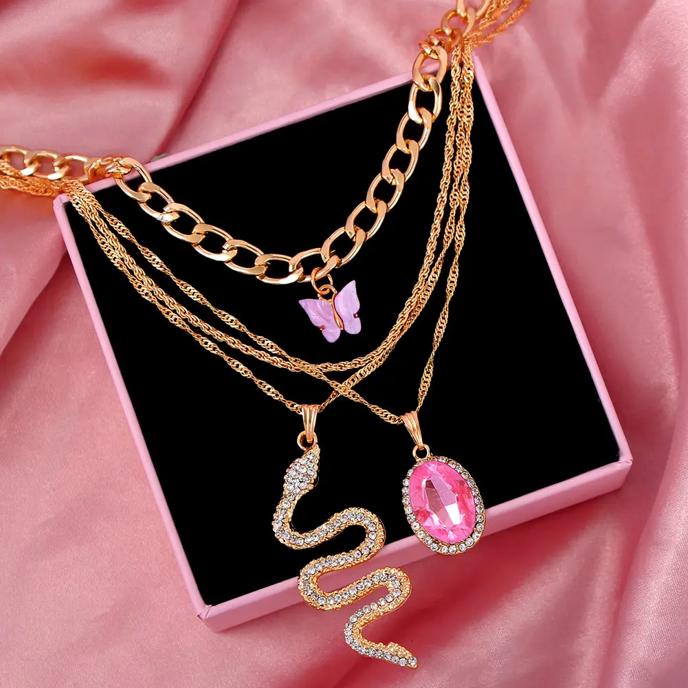 

4-piece Set Rhinestone Jewelry Pink Acrylic Butterfly Choker Snake Pendant Layered Necklace, Gold