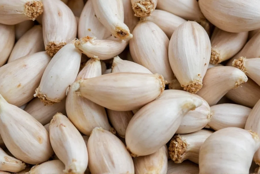 Fresh garlic bulbs with individual cloves separated on wooden cutting board
