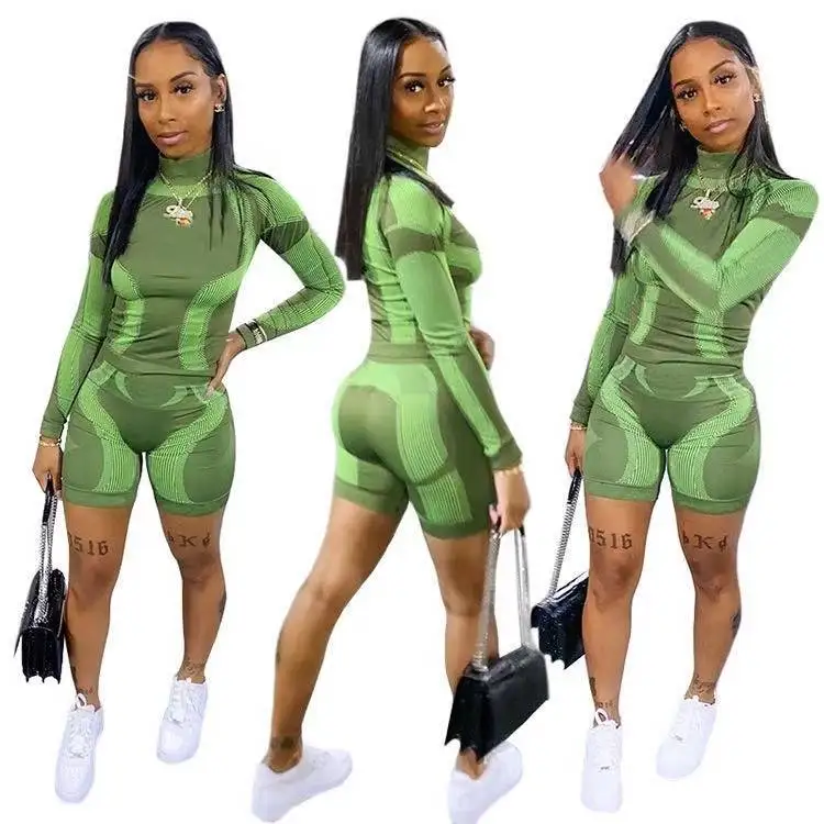 

Spring Summer 2021 new arrivals soft tight long sleeve tshirt and shorts set women workout clothes fashion active wear, As picture