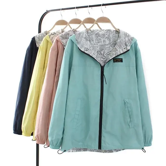 

Women Pocket Zipper Hooded Jacket Double-Sided Windbreaker Outwear Loose Plus Size Short Coat XQM