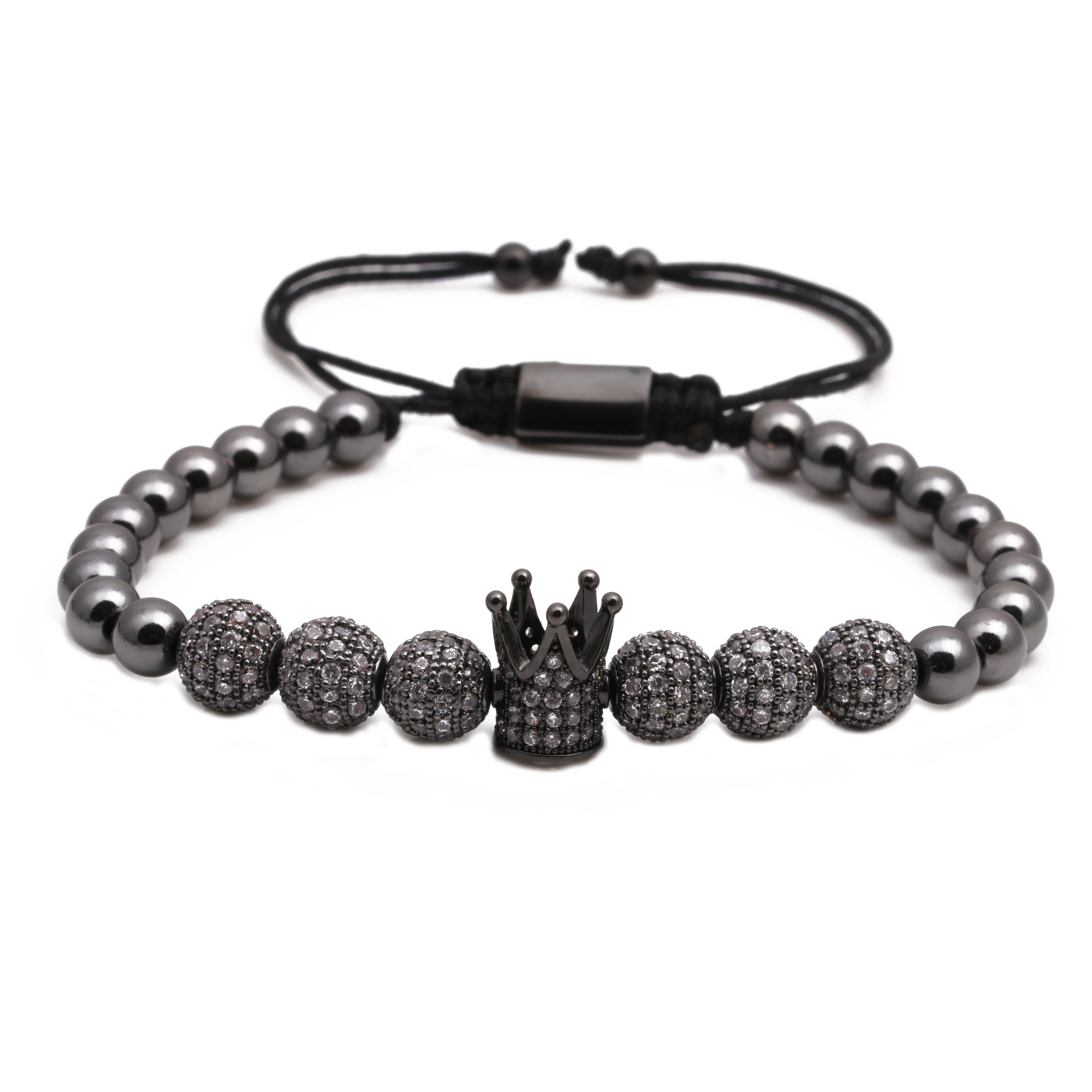 

Hot sale unique jewelry findings black gold 8mm cz drill ball adjustable woven bracelet crown bracelet, Picture