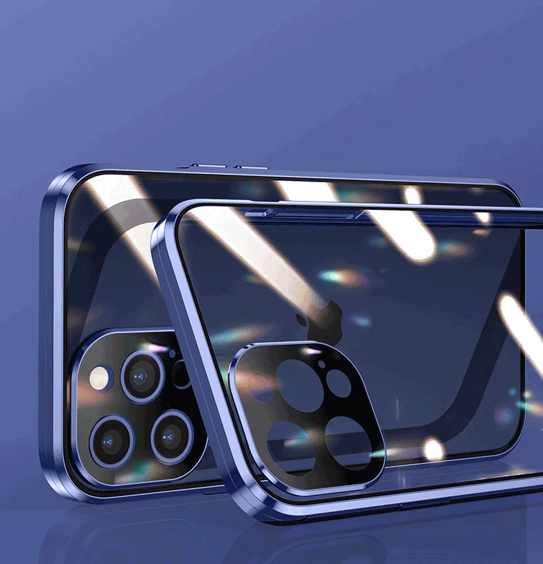 

Glass Front Back 360 Cover Color Metal Frame Magnetic Mobile Phone Case With Camera Protector For iPhone 12 Pro, Black/red/blue/green/silver/gold