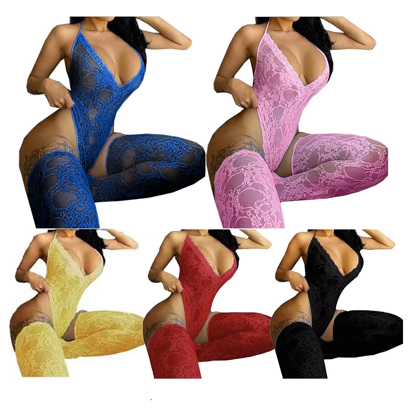 

Womens Sexy Halter Teddies Bodysuit And Stocking Set Lace Onesie Lingerie