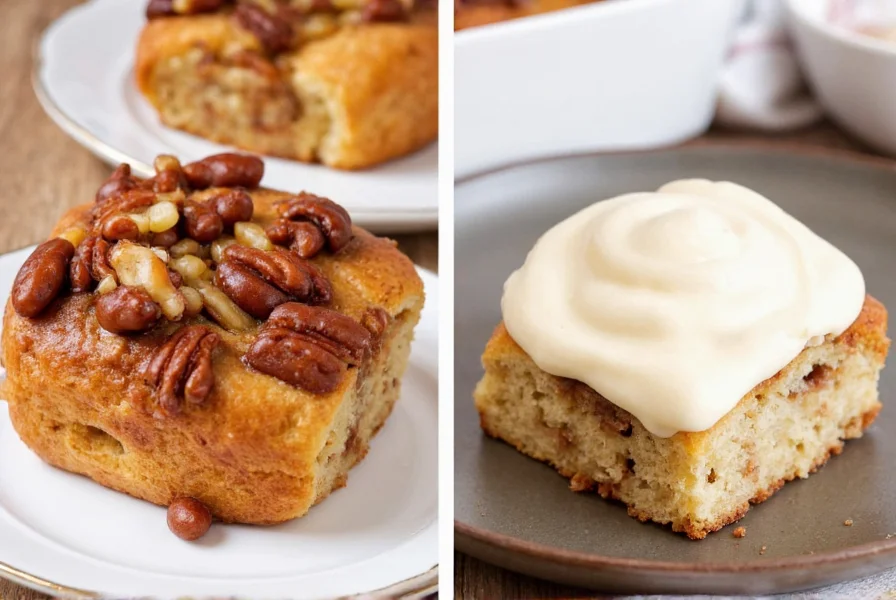 Side-by-side comparison of sticky bun with caramelized nuts and cinnamon roll with cream cheese frosting