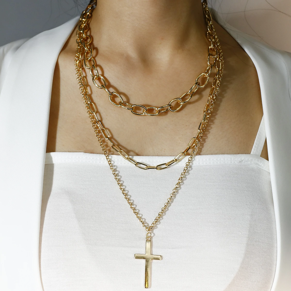 

2020 Wholesale Hotsale Design Three Chains Religious Jewelry Gold Plated Multi Cross Chain Alloy Necklace For Women