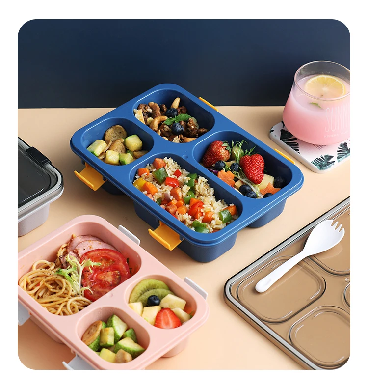 

Portable 3 grids sealing and leak-proof lunch box lock catch bento box food grade pp mess tin with spork, Bevy blue / sakura pink / noble grey