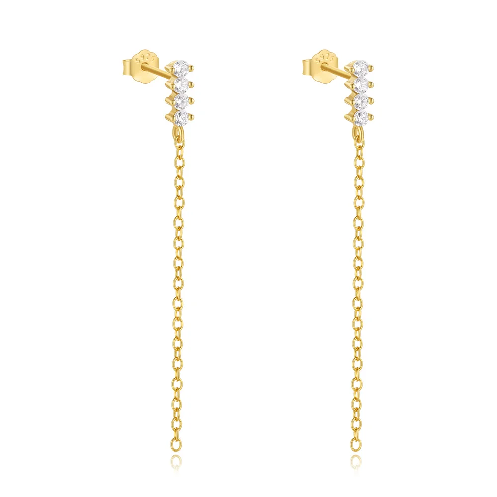 Wholesale Fashion Jewelry 925 Sterling Silver Long Tassel Chain Round Small Zircon Gold Plated Stud Earring Jewelry for Women