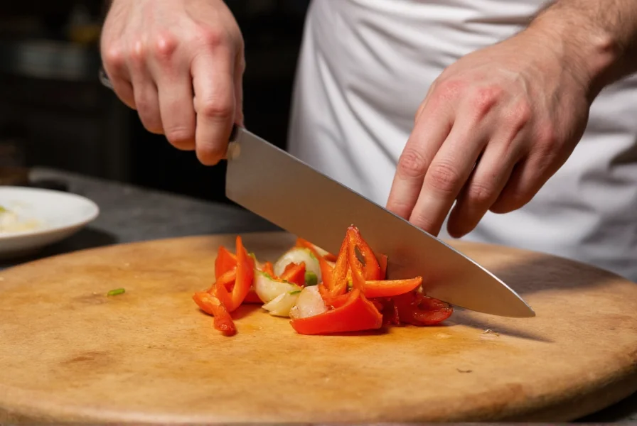 Professional chef demonstrating proper knife technique for uniformly slicing bell peppers and onions for saute